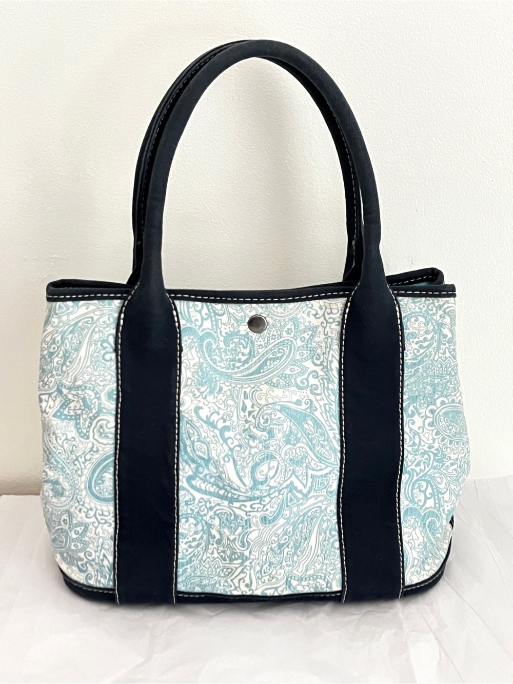 J. Crew Paisley Canvas Tote in Light Blue and Navy Trim Coastal Vacation